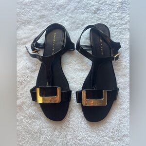 Charles & Keith Black Sandals with Gold Buckle. Classic Slide Sandals New Sz 37